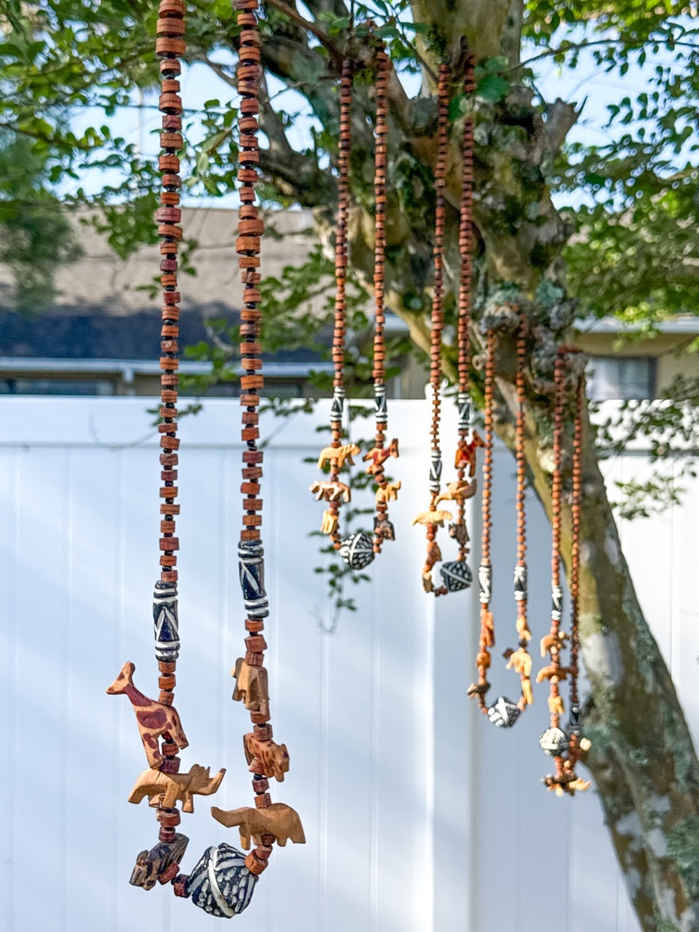Vintage Hand Carved Wooden Animal Necklace Set of 5 Boho Tribal Safari Jewelry